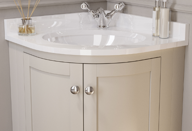 Corner Basin Vanity Unit with Chrome Handles